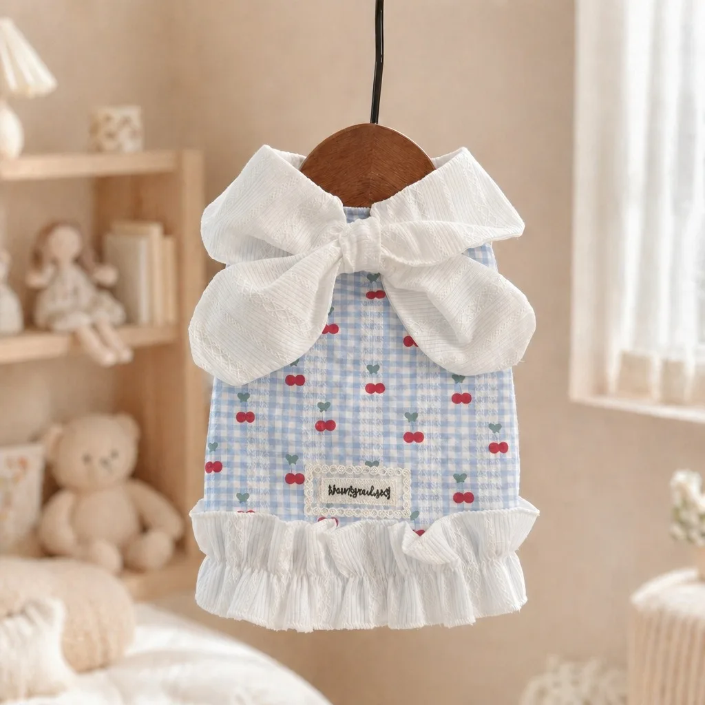 2026 Blue Checkered Teddy Skirt Summer Pet Clothes Cherry Print Dog Cat Pullover Cute Breathable Maltese Dress