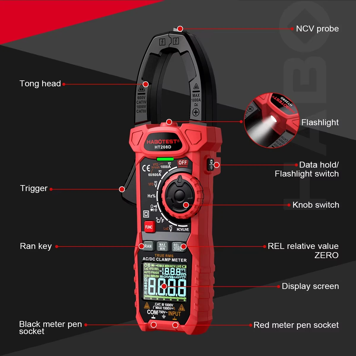 HT208D Digital Clamp Meter 1000A 1000V AC DC True RMS IV 1000V Protection High Accuracy Tester for Capacitance