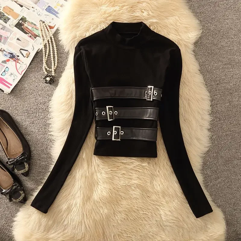 High-necked unique long-sleeved chic spice girl top women's new autumn and winter design short niche senior slim bottoming shirt