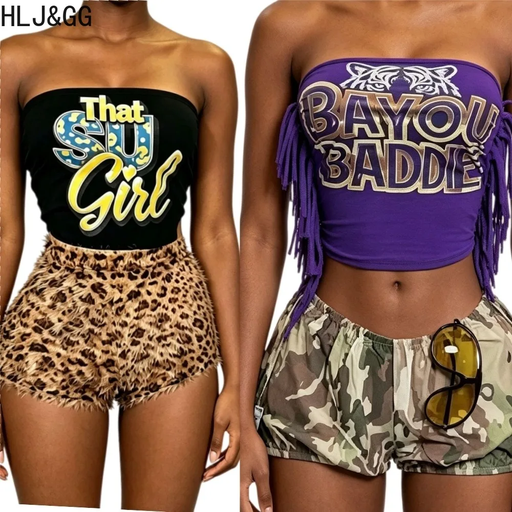 HLJ&GG Y2K Fashion Letter Print T-shirt Women Strapless Sleeveless Bandeau Tube Crop Top Casual Streetwear Summer Short T-shirt