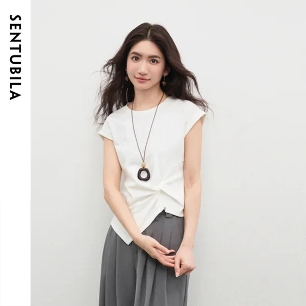 SENTUBILA Women's 100% Cotton White T-Shirt 2026 Summer New Crew Neck Twist Front Asymmetrical Hem Cropped Top 162TA4995