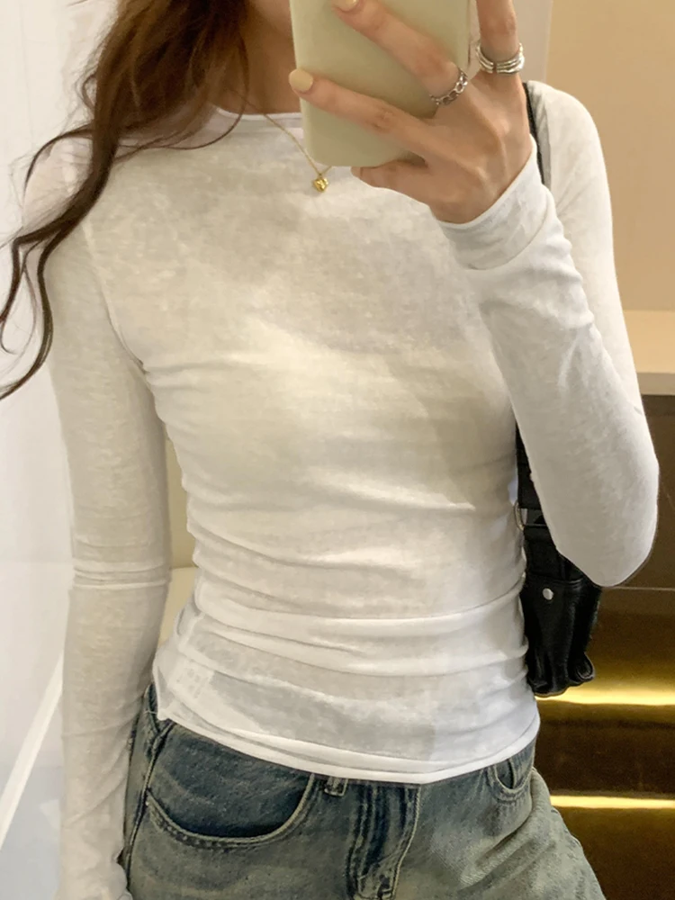 2026 Spring Autumn T shirt Women Tops Solid Slim Fit Long Sleeve O Neck Tshirts Female Casual Streetwear High Quality Base Tees