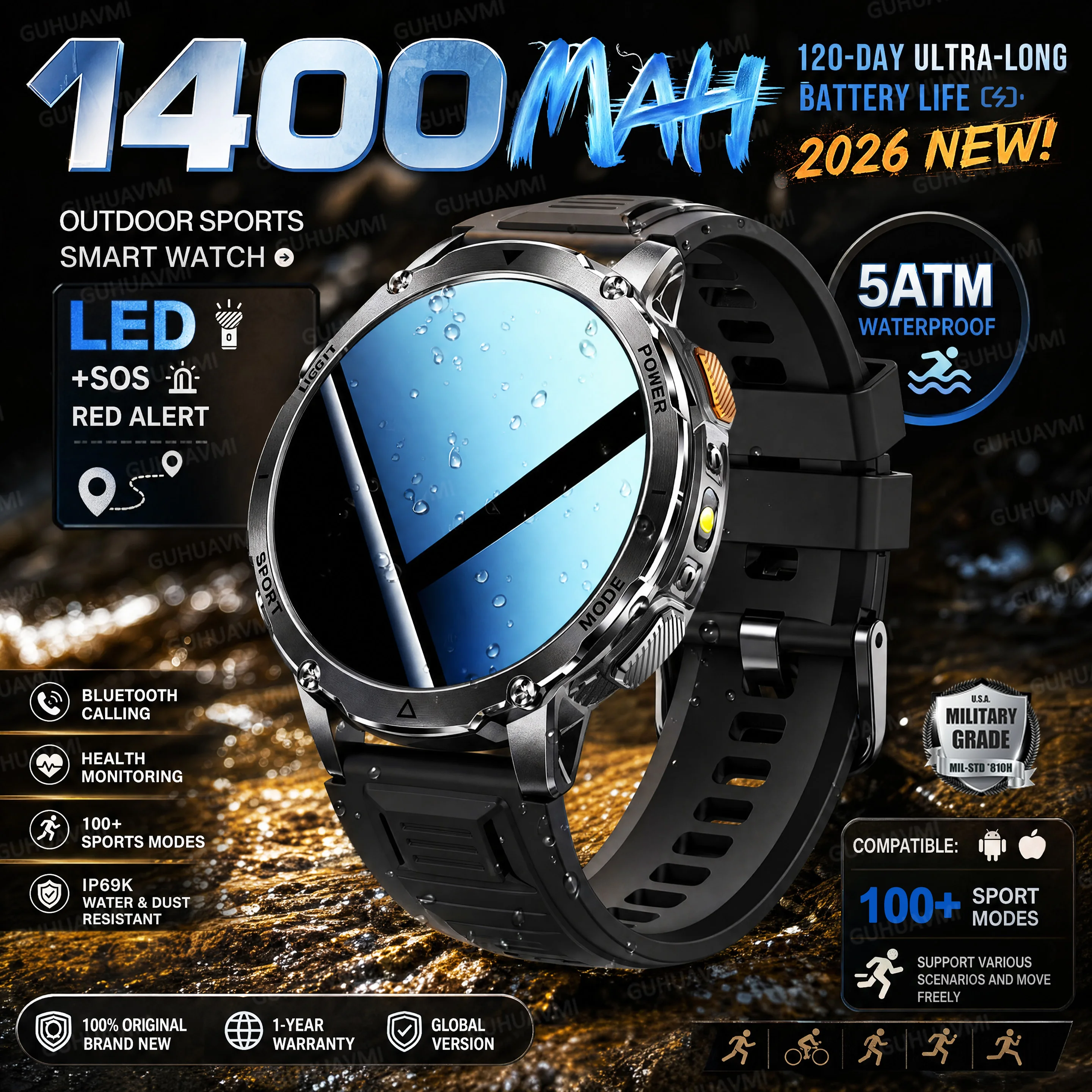 2026New Military 1400mAh Battery Smartwatch Men 1.7 Inches Sapphire Glass 5ATM Waterproof Flashlight Sports Bluetooth Call Watch