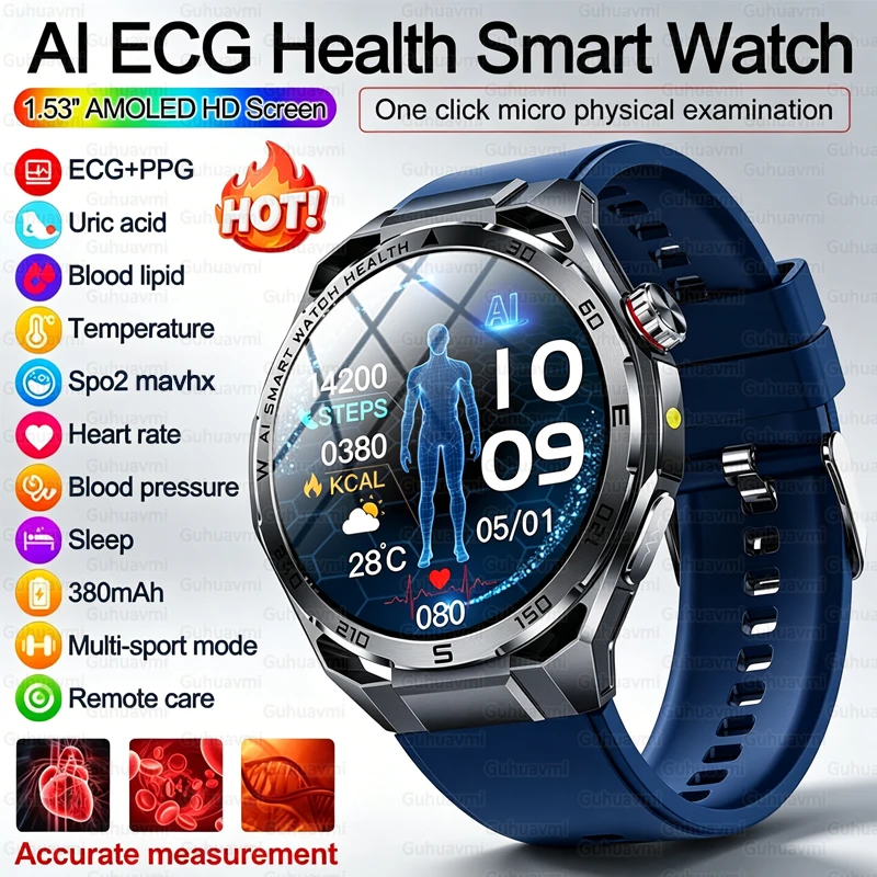 2026 New AI ECG+PPG Smart Watch Men 1.53 AMOLED Screen Bluetooth Call Health Monitor Uric Acid Blood Lipid Fitness Tracker Watch