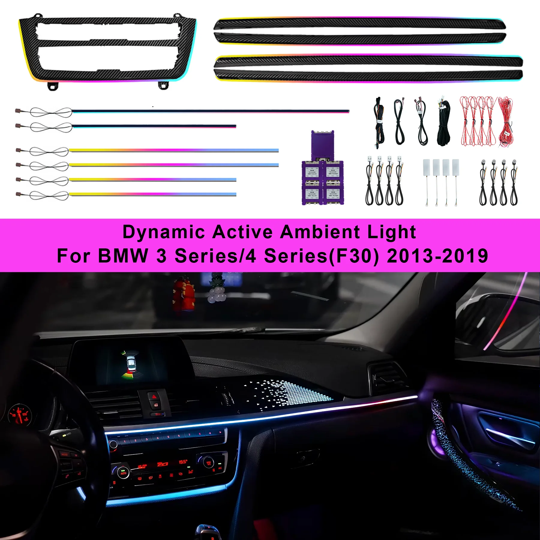 CF Dynamic Active Ambient Light For BMW 3 4 Series F30 F32 F33 F36 2013-2019 RGB LED Interior Atmosphere Decor Lamp Kit Upgrades