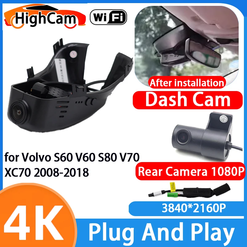 HighCam for Volvo S60 V60 S80 V70 XC70 2008-2018 4K Wifi Car DVR Video Dash Cam Front Rear Camera 170° Wide Angle Plug and Play