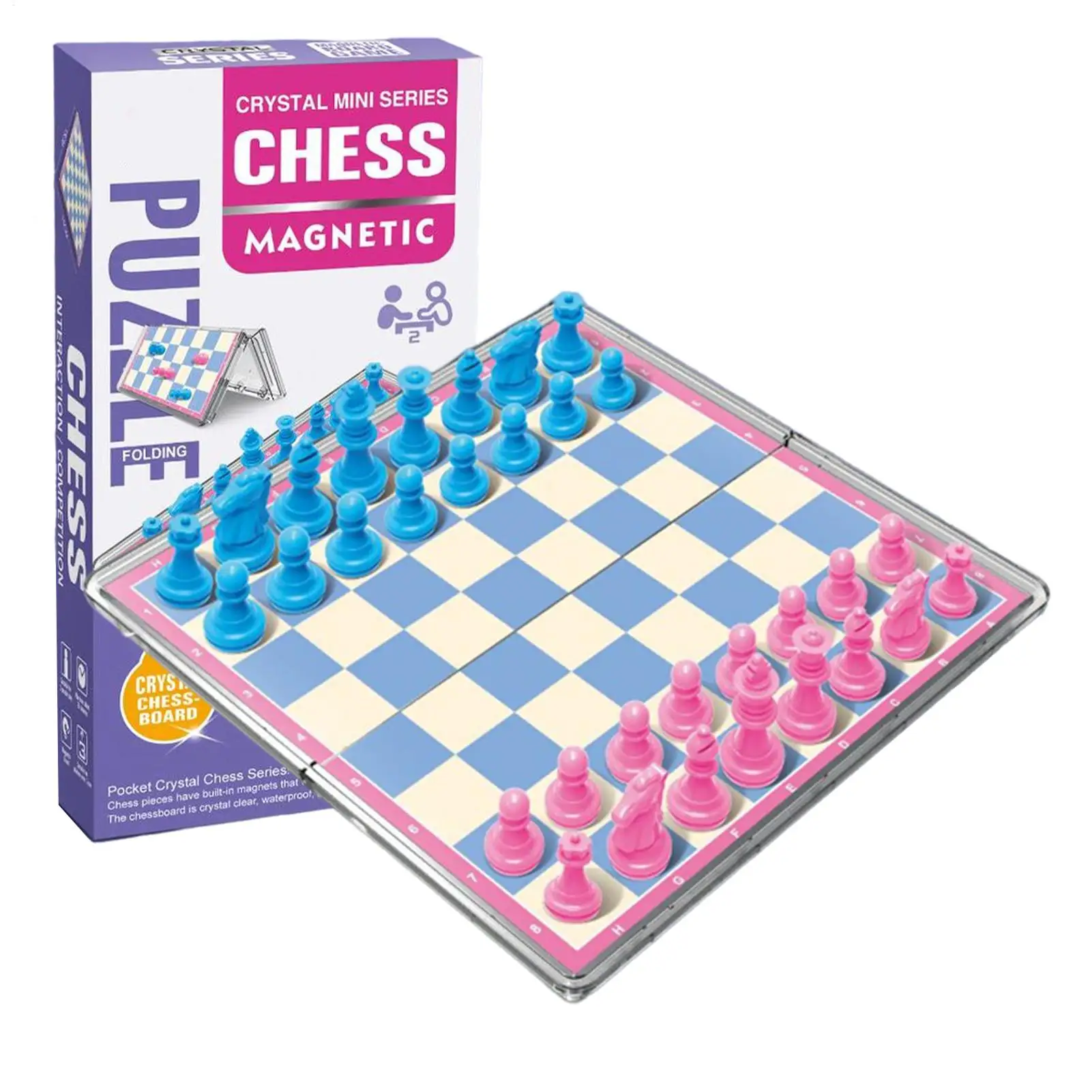 Travel Chess Set Magnetic 5.91 Inches Magnetic Folding Crystal Chess Board Puzzle Toy Chess Pieces Interactive Family Games