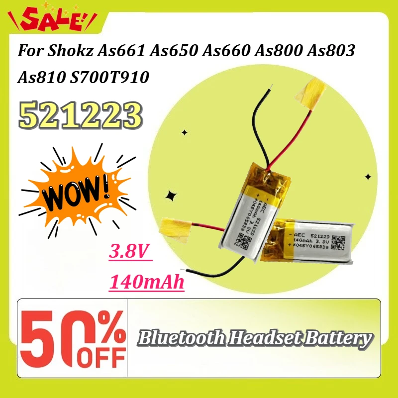 New 521223 3.8V 140mAh Bluetooth Headset Battery for Shokz As661 As650 As660 As800 As803 As810 S700T910 Rechargeable Battery