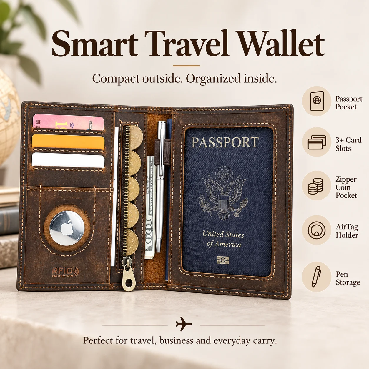 CONTACT'S Genuine Leather Passport Wallet Men Fashion RFID Credit Card Holder Money Clip Women Travel Anti-lost AirTag Wallet