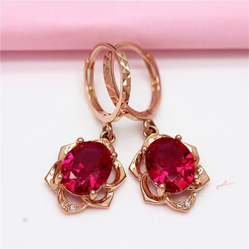 585 Purple Gold Plated 14K Rose Gold Inlaid Ruby Flower earrings for women Luxury Dinner Party Wedding Fashion Jewelry