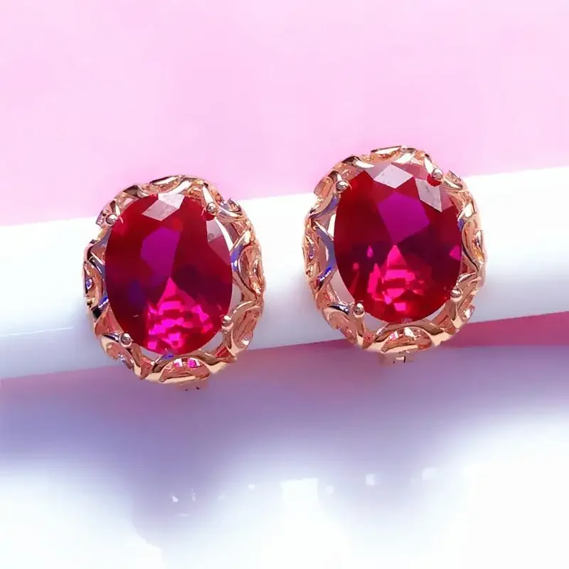 New 585 purple gold inlaid ruby earrings for women hollow design 14K rose gold classic luxury engagement jewelry for girlfriend