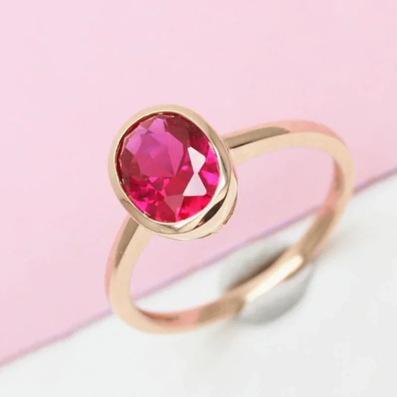 Charm 585 purple gold plated 14K rose gold inlaid oval simple ruby rings for couples refined and elegant romantic jewelry