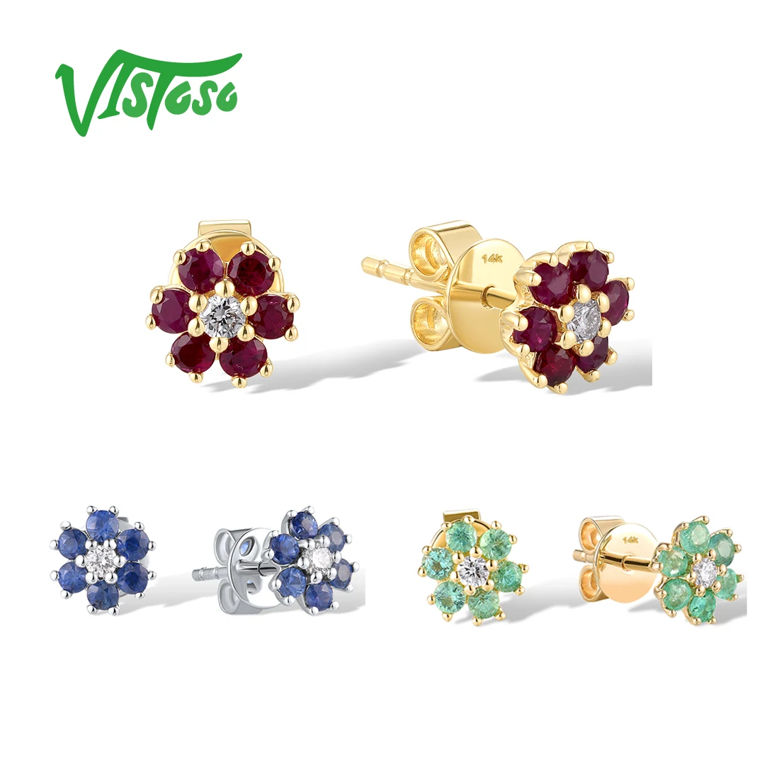 VISTOSO Authentic 14K 585 Rose White Gold Stud Earrings For Women Ruby /Emerald /Sapphire Cute Flower Wedding Gifts Fine Jewelry