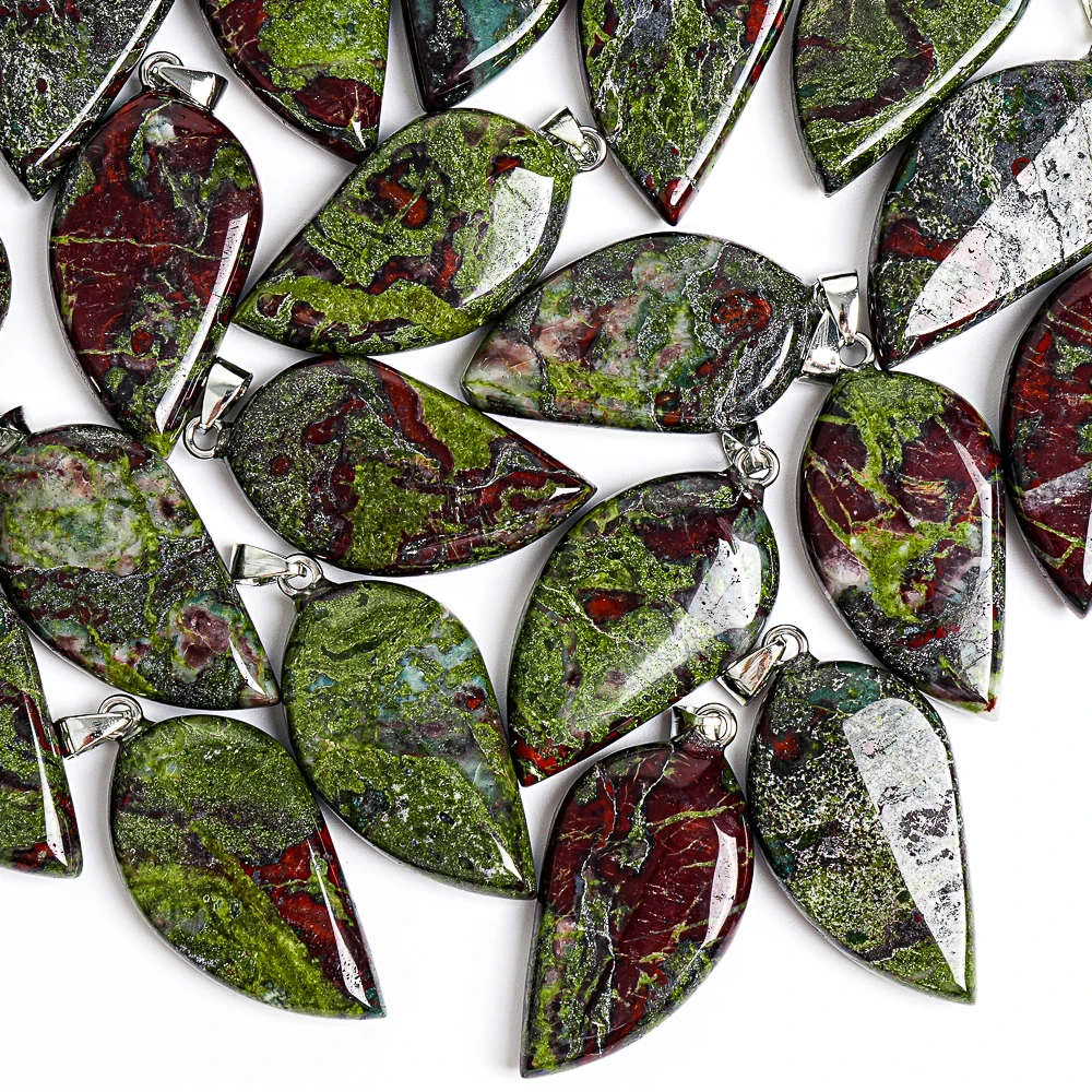 Natural Dragon Blood Jasper Pendant 39x22x8mm Red Green Leaf-Shaped Stone Unique Handmade Dangle Charm for Jewelry Making DIY