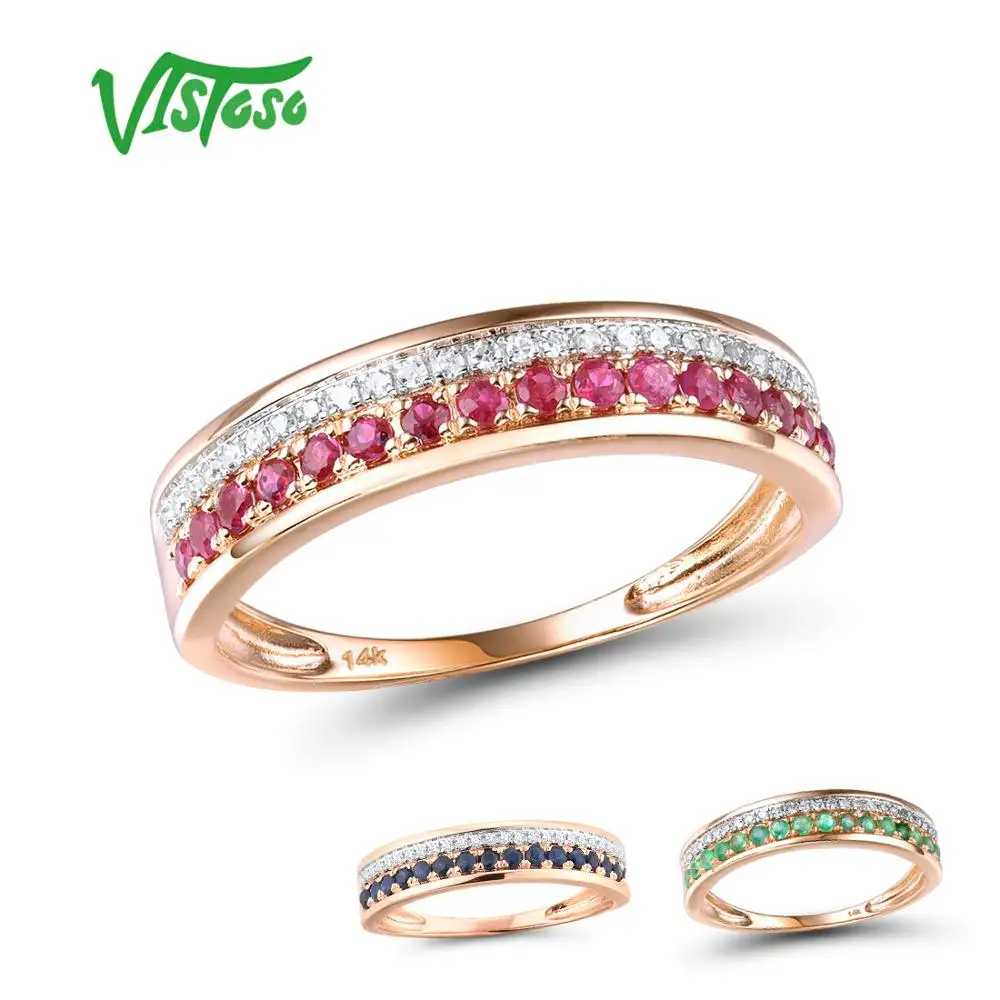 VISTOSO 14K / 9K Rose Gold Rings For Lady Genuine Shiny Diamond Fancy Ruby Sapphire Emerald Wedding Anniversary Fine Jewelry