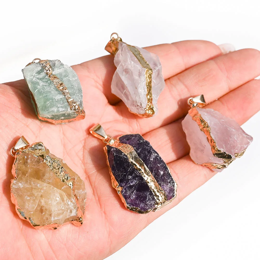 Natural Crystal Irregular Raw Stone Golden Wire Wrapped Gilding Pendant Rose Quartz Fluorite Amethyst Healing Crystals Charms