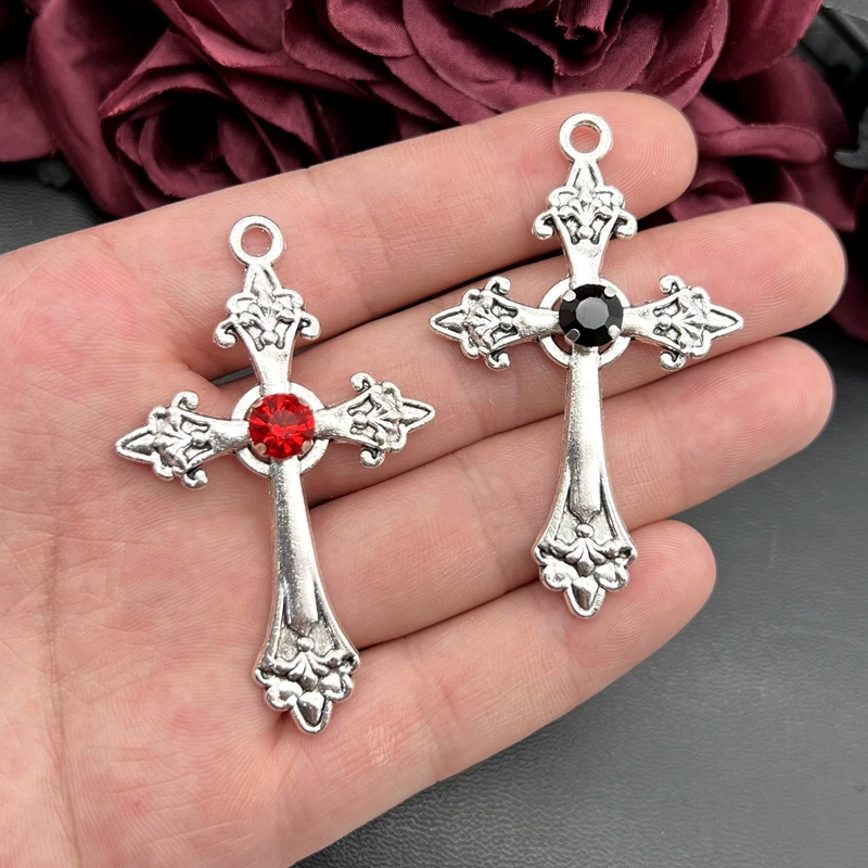 5pcs 66*40mm Gothic Cross Charm Pendants,Large Red Crystal Colour Statement Trad Goth Jewelry Making Jewelry Accessories