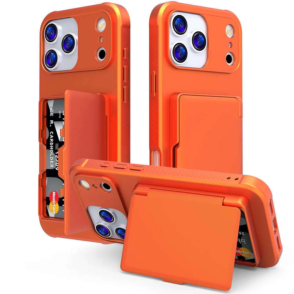 Shockproof Mirror Card Holder Wallet Phone Case For iPhone 17 Pro Max, Hybrid Dual Layer Kickstand Hard Protective Cover Funda