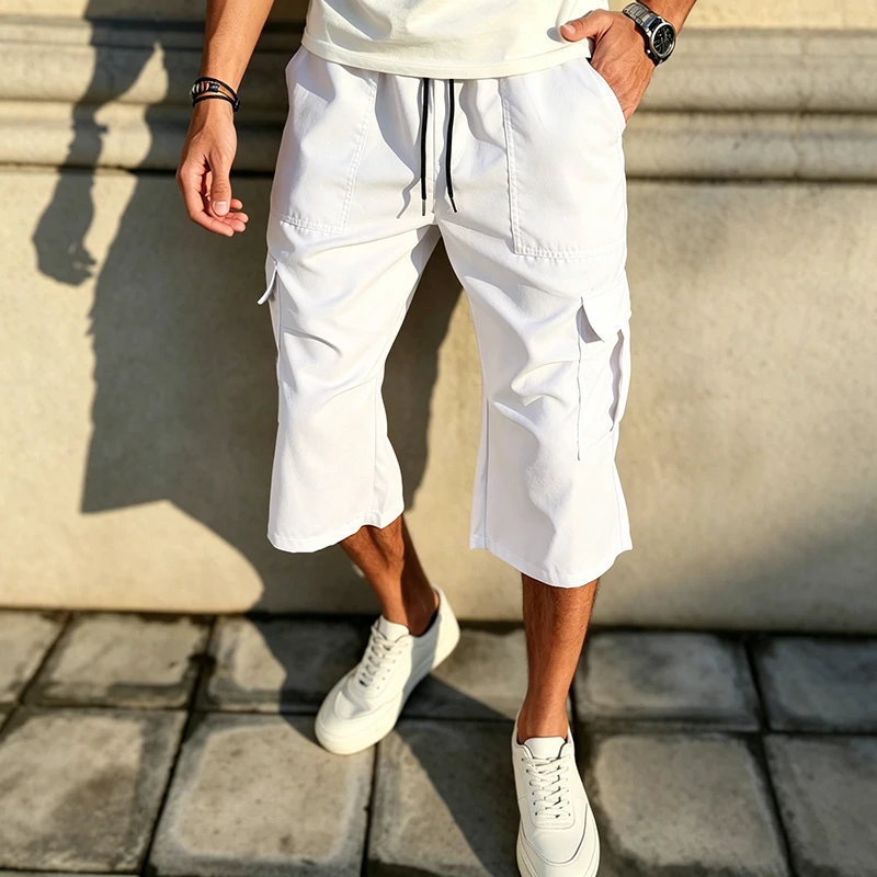 2026 New Men Multi Pocket Cargo Capri Shorts Loose Fit Daily Street Travel Outdoor Casual Drawstring Waist Cropped Short Pants
