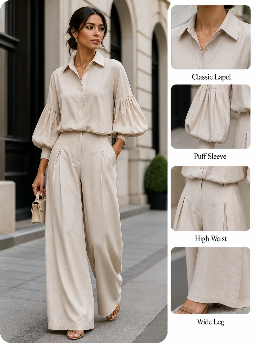 Women’s Casual Chic Two Piece Outfit, Puff Sleeve Collar Shirt with High Waisted Wide Leg Pants for Travel and Street Style, Ele