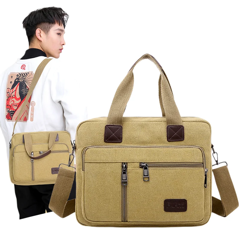 Men's Canvas Travel Handbag Large Capacity Multi-layer Crossbody Shoulder Bag Student Leisure Tote with Top-Handle