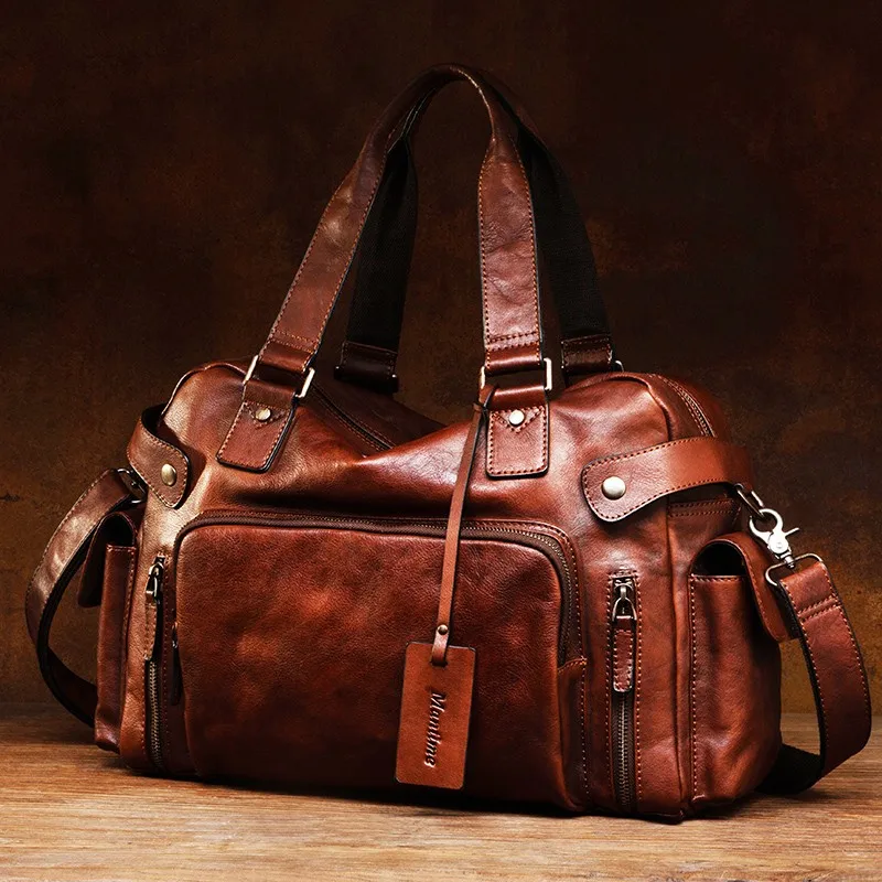 Vintage vegetable tanned leather eraser men's bag, casual shoulder bag, hand-held travel bag, luggage bag, fitness backpack