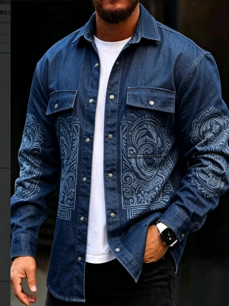 Men's Retro Bandana Paisley Graphic Fake Denim Shirt Ethnic Ornament Print Long Sleeve Cargo Pocket Casual Top