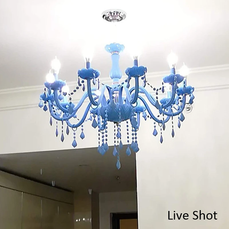 European Style Light Blue Crystal Droplight Macaron LED Pendant Lamp Children Room Kindergarten Dormitory Decorative Chandelier