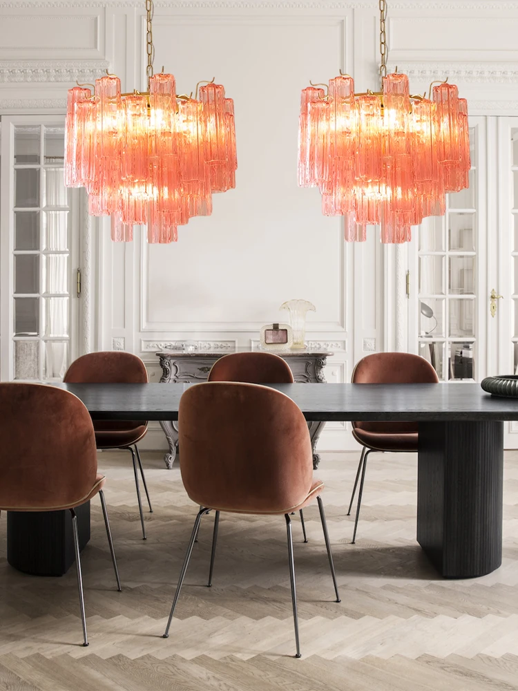 Pink White Glass Tube French Design LED Chandelier Lighting Hanging Lamps Lustre Suspension Luminaire Lampen For Dinning Room