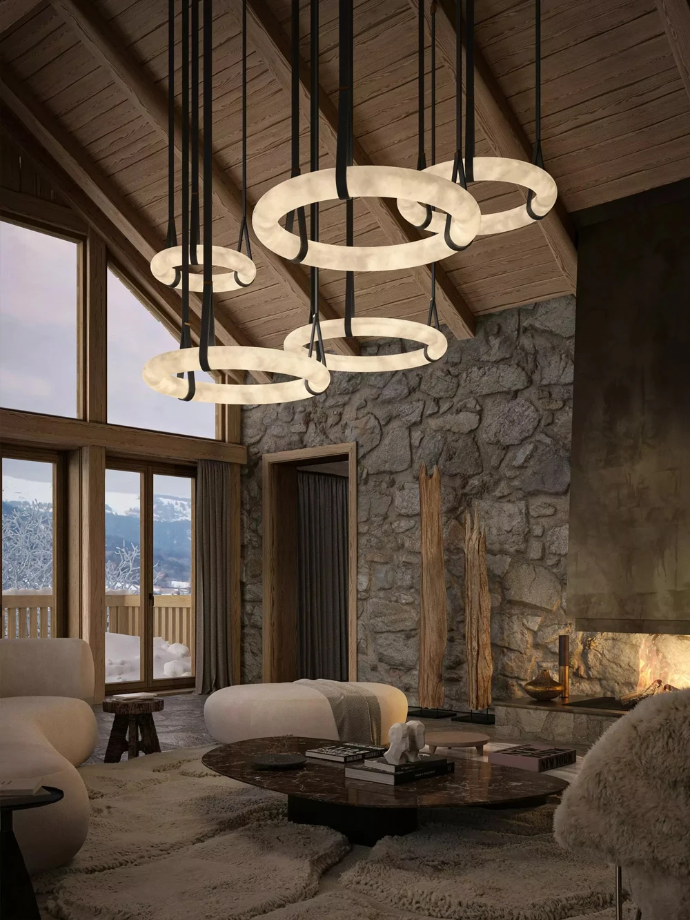 2026 Classic Natural Marble Circle Brown Black Leather Belt Chandelier Lighting Lustre Pendant Light For Foyer Dinning Room