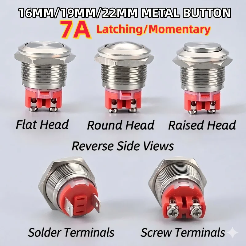 Push Button Switch Metal Screw Terminal Soldering 16/19/22mm Short 7A Latching Self-Locking/Reset LED Light 6/12/24/110/230V