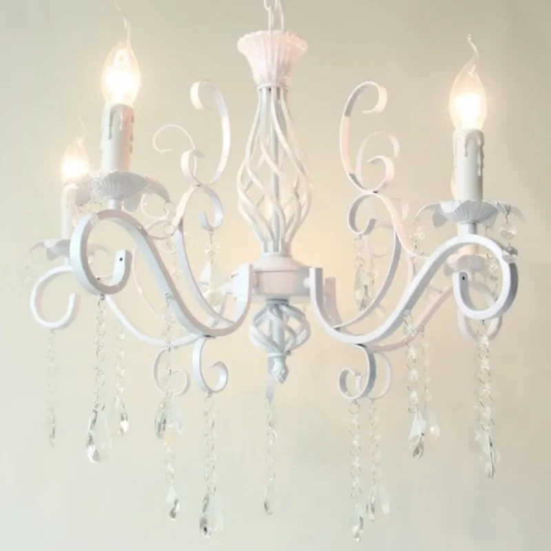 Home Vintage Wrought Iron Crystal Chandelier White Ceiling lamp E14 Candle Lights Lighting Fixture