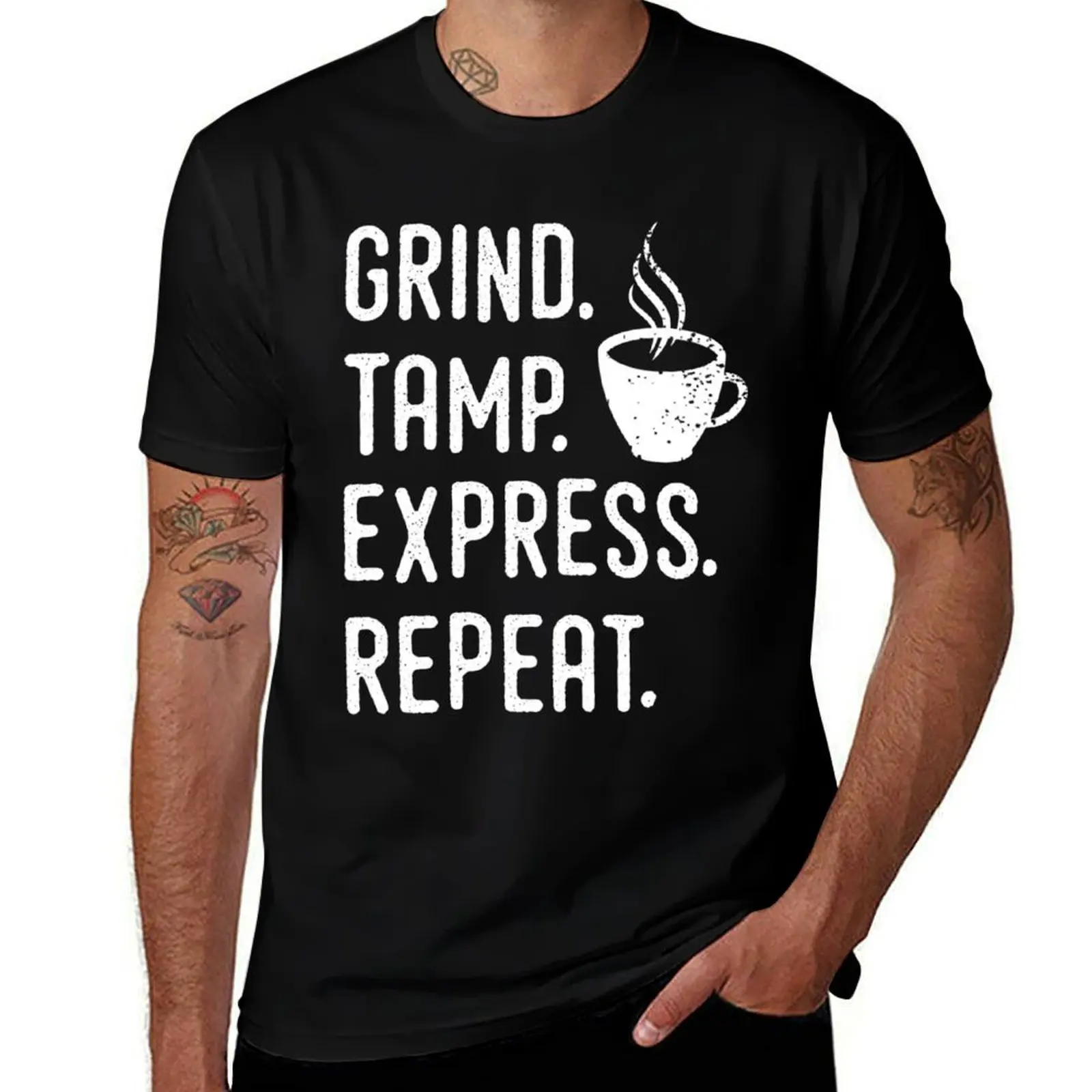 Barista Espresso Design - Grind, Tamp, Express, Repeat - White Text T-Shirt man t shirts high quality luxury brand T-Shirt