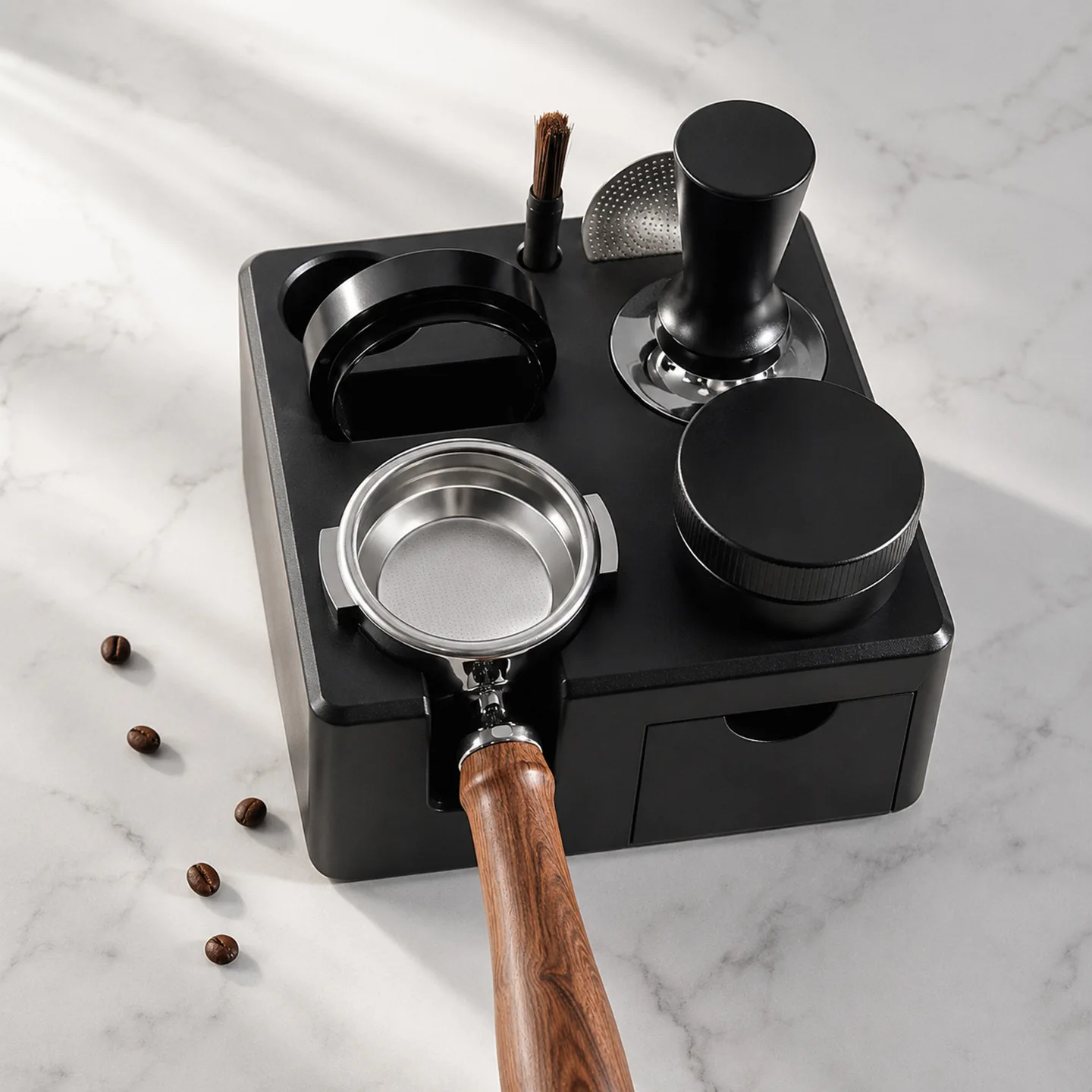 51-58mm Espresso Tamping Station, Adjustable Coffee Portafilter Holder Stand with Non-Slip Base, Compatible with Delonghi Brevil