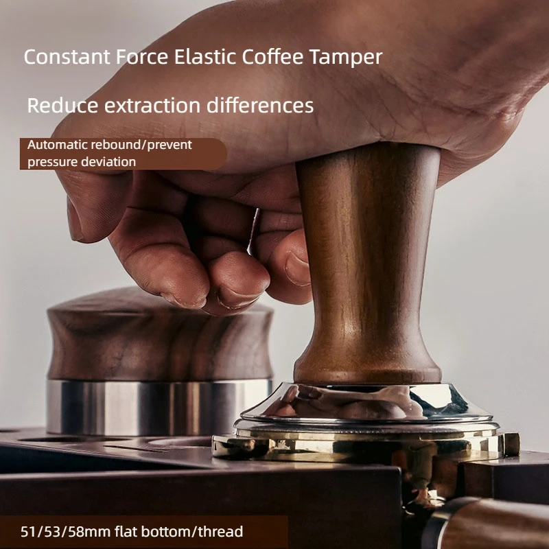 51mm 53mm 58mm Beech Wood Espresso Coffee Tamper Internal Spring Balanced Force Coffee Hammer Stainless Steel Base Barista Tools