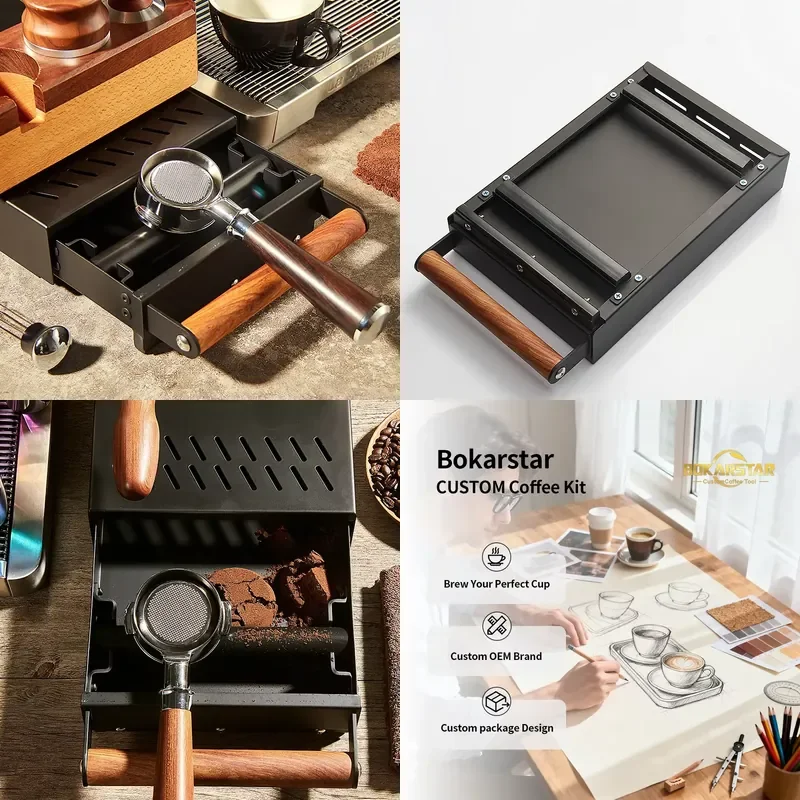 Barista Espresso Accessories Wood Handle Stainless Steel 58mm Square Tamp Coffee Grind Drawer Black