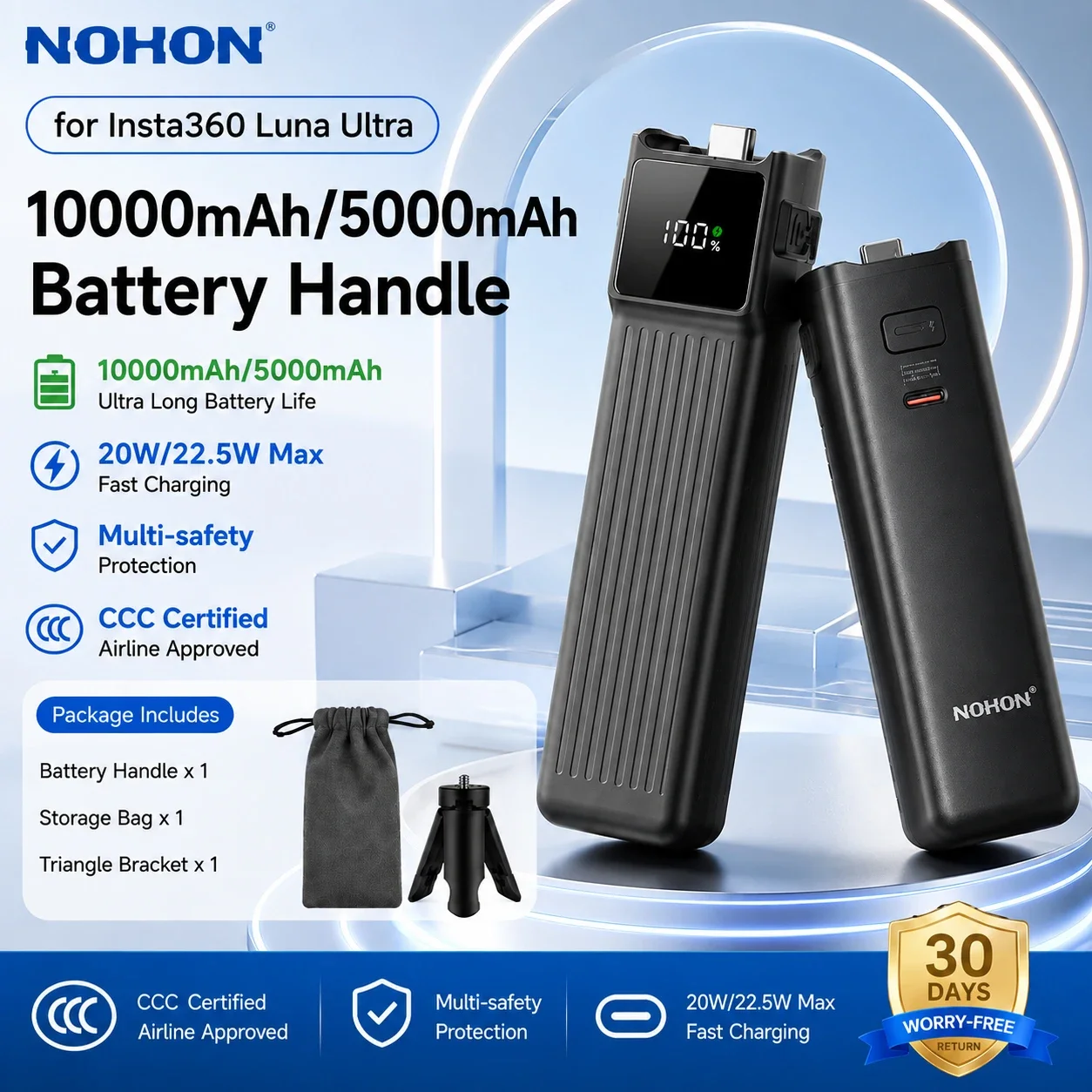 NOHON Battery Handle For Insta360 Luna Ultra 5000/10000mAh CCC Power Bank For Insta360 Luna Ultra Gimbal Vlog Camera