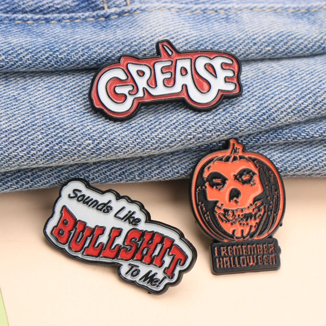 Punk Slogan Enamel Pins: BULLSHIT, GREASE & Halloween Lapel Badges for Jacket Backpack DIY Gifts
