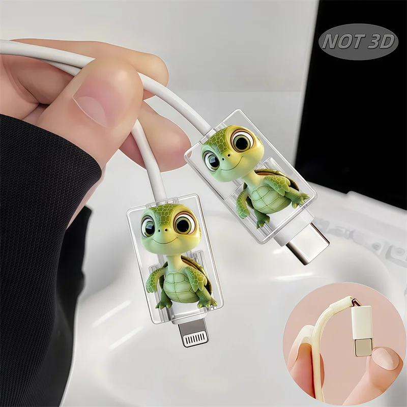 2D Flat 2pcs Cute Cartoon Turtle Phone Charger Cable Protectors Cord Saver Sleeve Data Line Protection Kit For iPhone/Type-C
