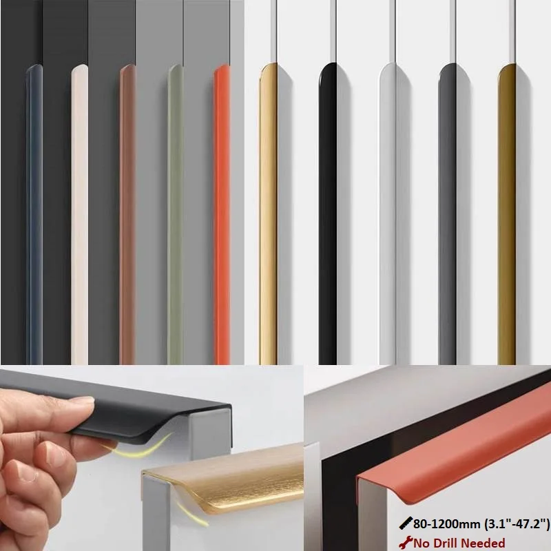 80mm-1200mm Invisible Aluminum Cabinet Handles | 10 Colors Curved Edge-Sealed Bar Wardrobe Pulls for Drawer/Kitchen, No Drilling