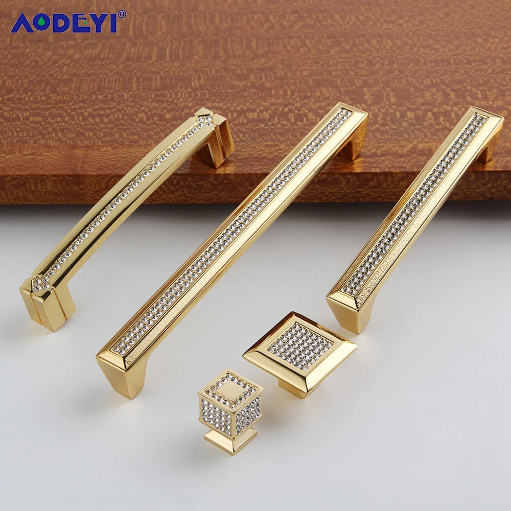 24K Real Gold Sliver Crystal Drawer Cabinet Pulls Kitchen Handles Diamond Wine Wardrobe Decotation Furniture Knobs