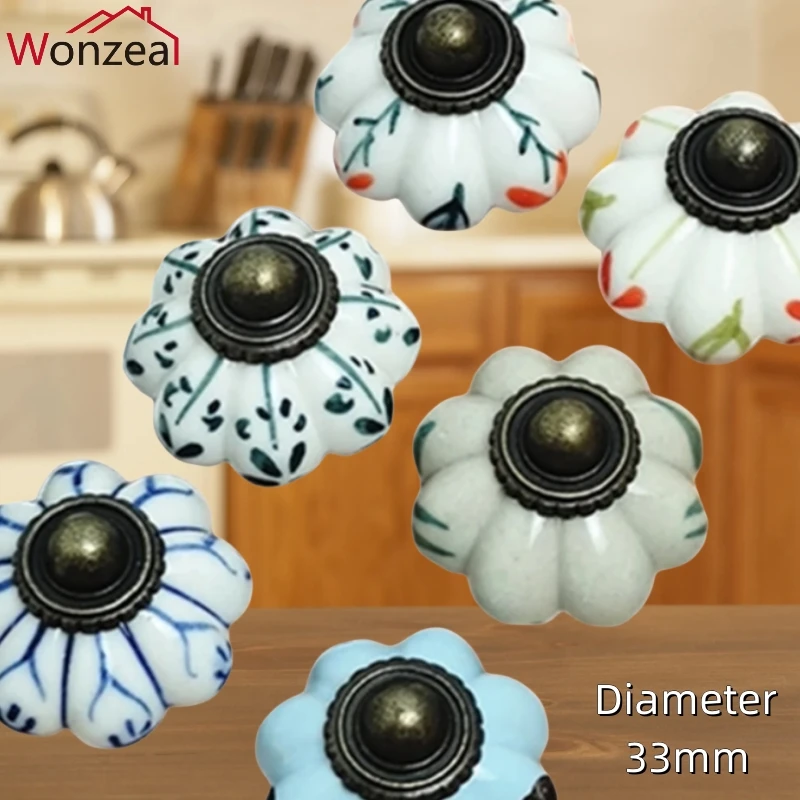 1 Piece Ceramic Knobs Pumpkins Knobs Ceramic Kitchen Cupboard Cabinet Wardrobe Baby Children Room Pull Dia.33mm Handle