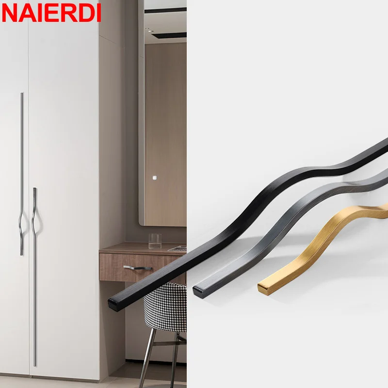 NAIERDI Long Furniture Handle American Style Aluminium Alloy Black Cabinet Knobs Handles Kitchen Wardrobe Cupboard Door Pulls