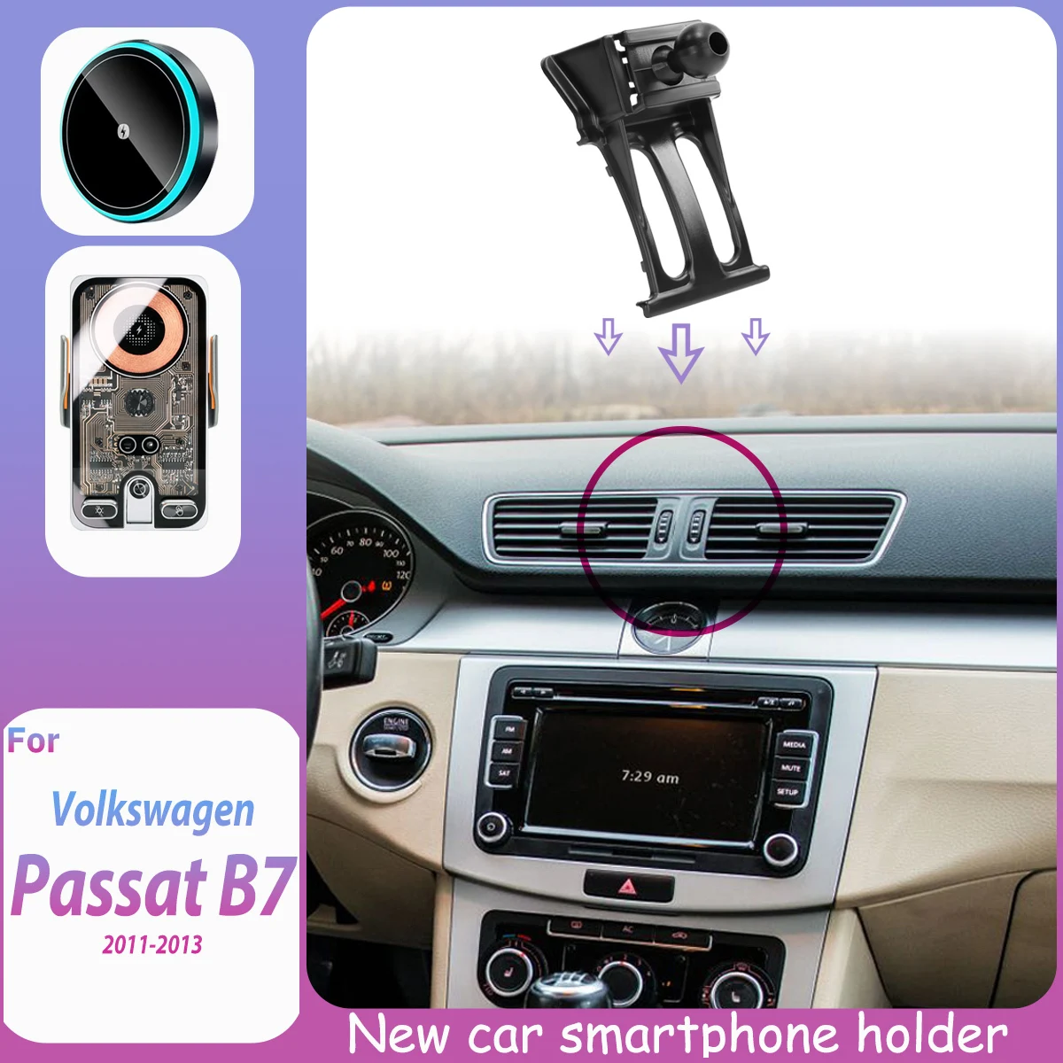For Volkswagen Passat B7 Alltrack 2011-2013 Car Phone Holder Wireless Charger Phone Auto-Clamping Strong Magnetic Holder Base
