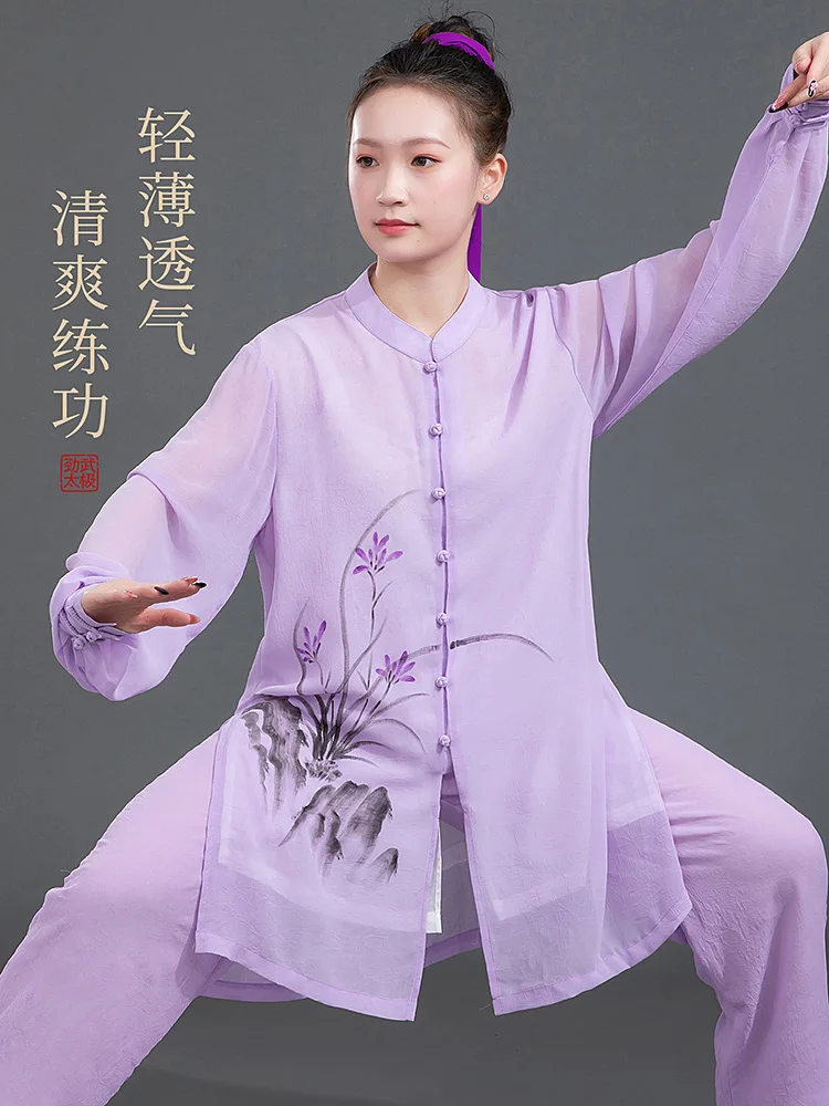Women's 2026 Summer Tai Chi & Baduanjin Set - Crisp Linen Look, Hand-Painted Design for Daily Wear & Martial Arts