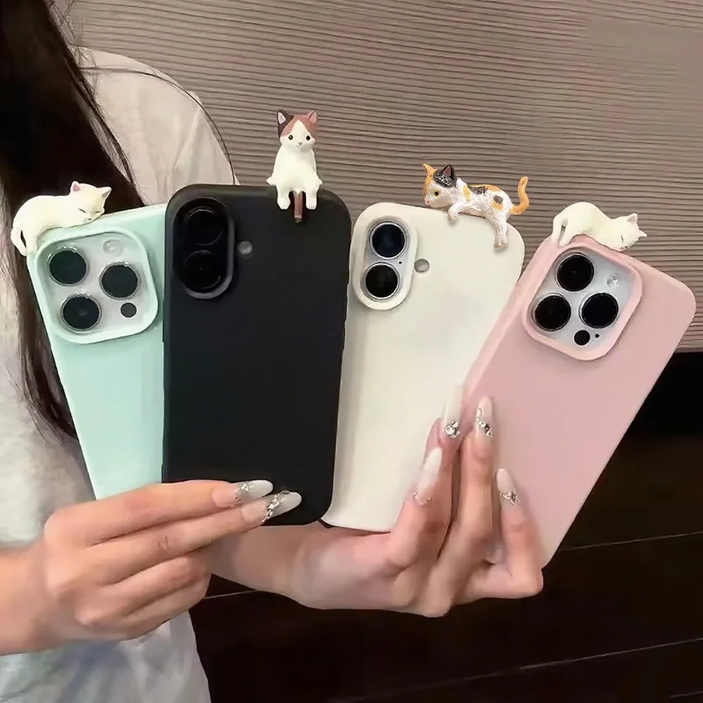 Cute 3D Cartoon Lying Cat Phone Case For iPhone 17 Air 18 16 Pro Max 15 14 Plus 13 12 11 Lychee PU Leather Lovely Soft TPU Cover