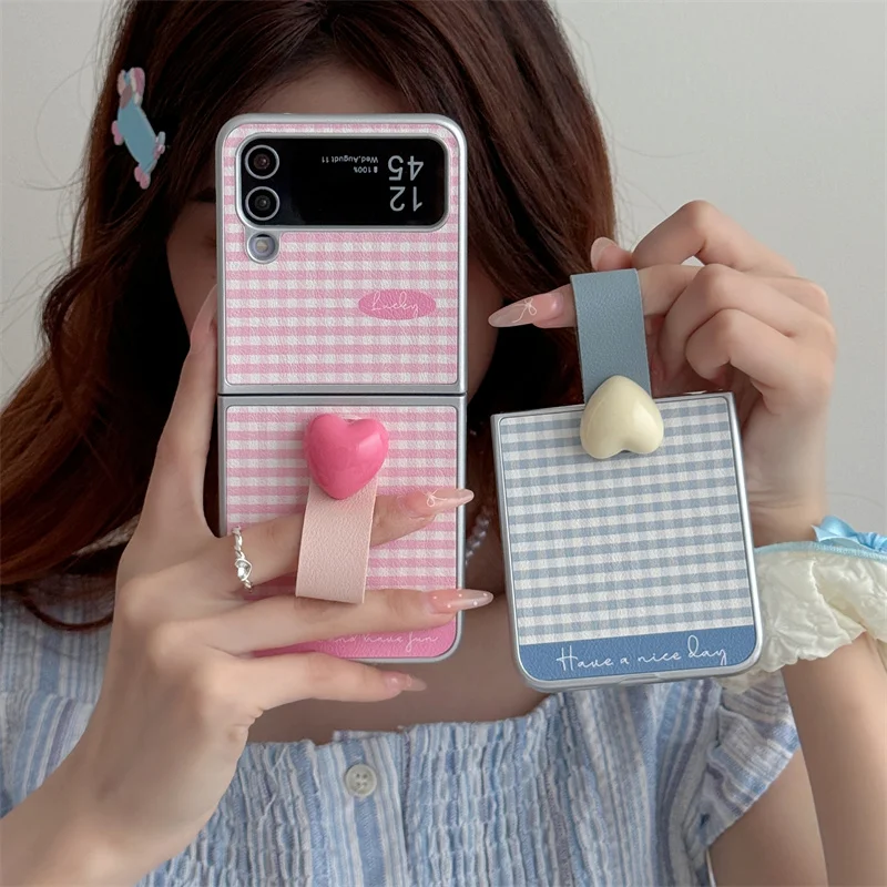 Korean Cute Plaid Pattern Leather Phone Case For Samsung Galaxy Z Flip 6 5 4 Z Flip5 Flip4 Flip6 5G Cover with Ring Kawaii Cases