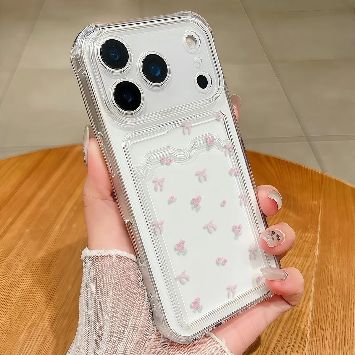 Pink Floral Bow Card Holder Soft Phone Case for iPhone 17 17e 16 15 14 13 12 11 Pro Max 14 15 16 Plus XS XR X 8 7 SE 2020 Cover