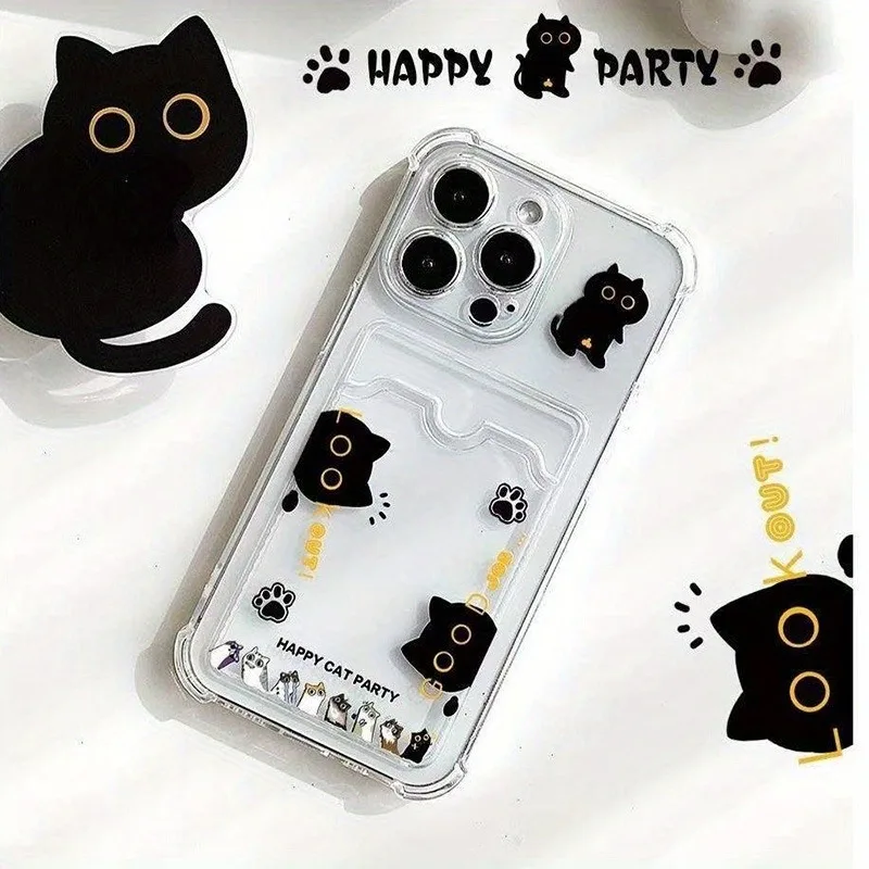 Creative Cat Card Holder Phone Case For iPhone 18 17 16 15 14 13 12 11 Pro Max Plus 17e Air Transparent Shockproof Bumper Cover