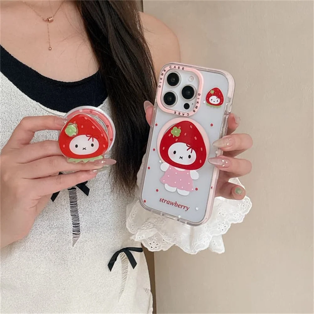 Cute Polka Dot Strawberry Magnetic Phone case for iPhone 16 15 17 Pro 15 Max 16 Pro Max With Magsafe Miffy Rabbit Stand Cover